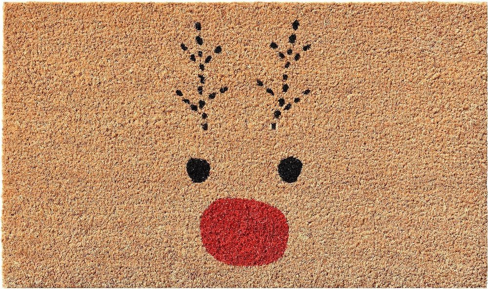 24" X 36" Brown Red And Black Christmas Reindeer Outdoor Coir Door Mat
