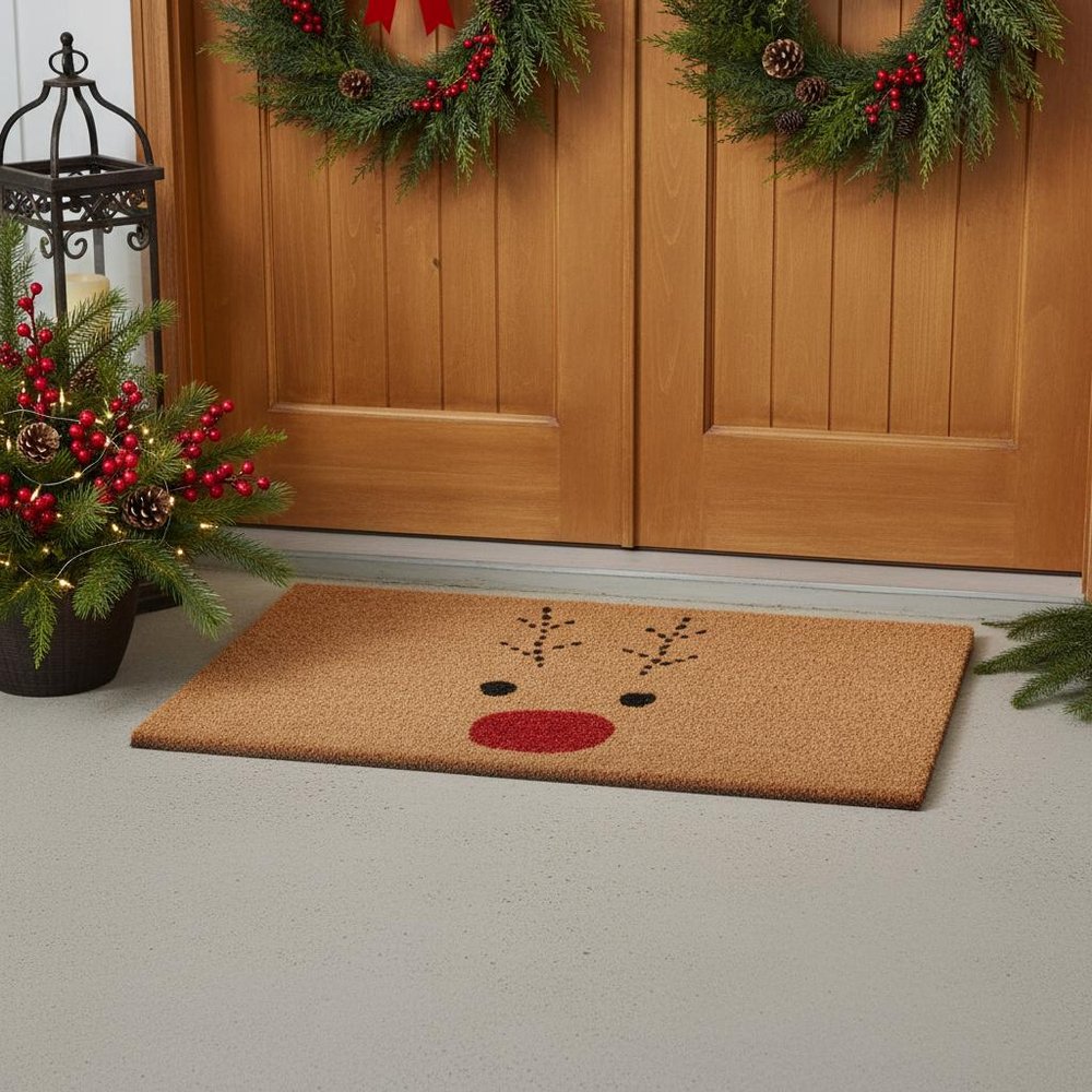 24" X 36" Brown Red And Black Christmas Reindeer Outdoor Coir Door Mat