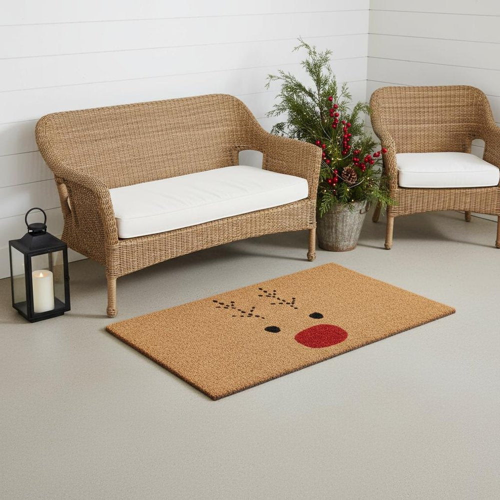 24" X 36" Brown Red And Black Christmas Reindeer Outdoor Coir Door Mat