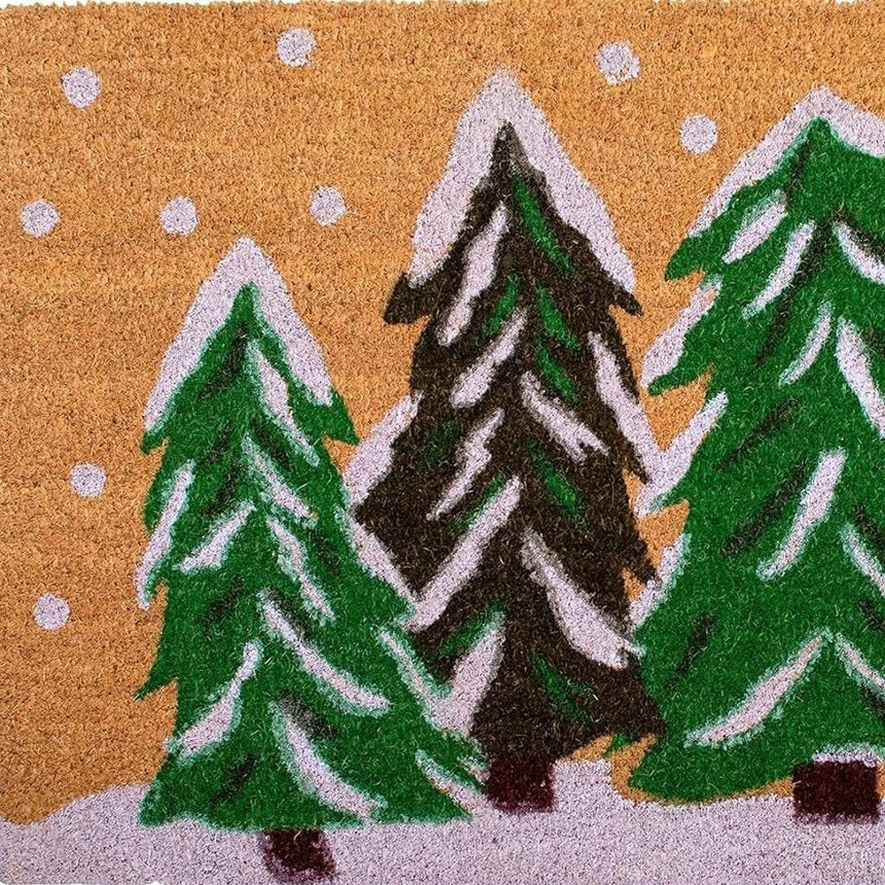 24" X 36" Brown Green And White Christmas Trees Outdoor Coir Door Mat