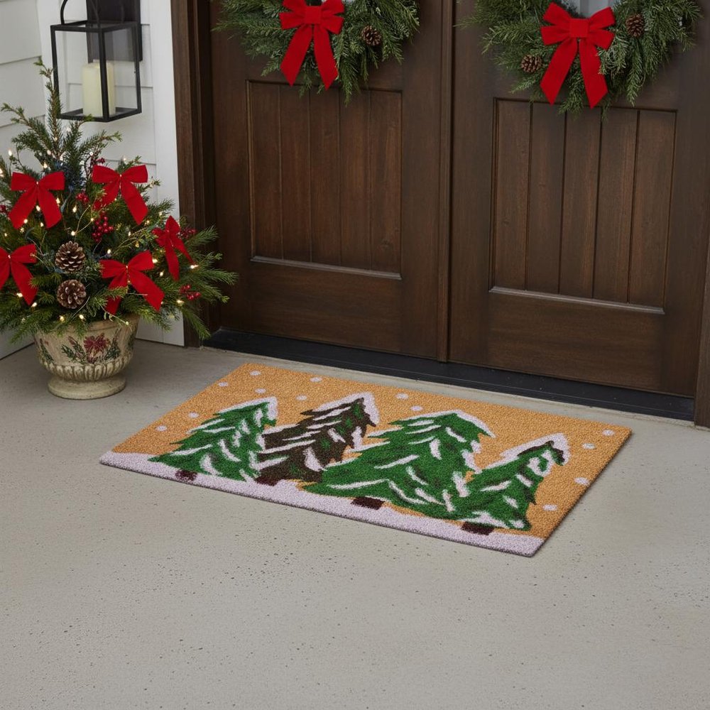 24" X 36" Brown Green And White Christmas Trees Outdoor Coir Door Mat