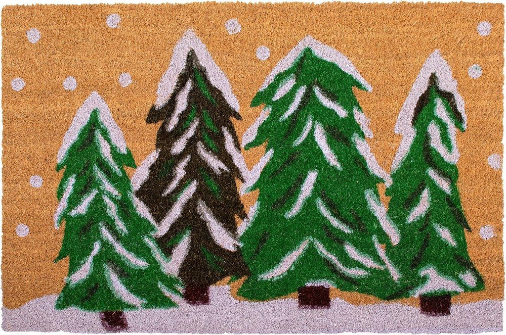 24" X 36" Brown Green And White Christmas Trees Outdoor Coir Door Mat