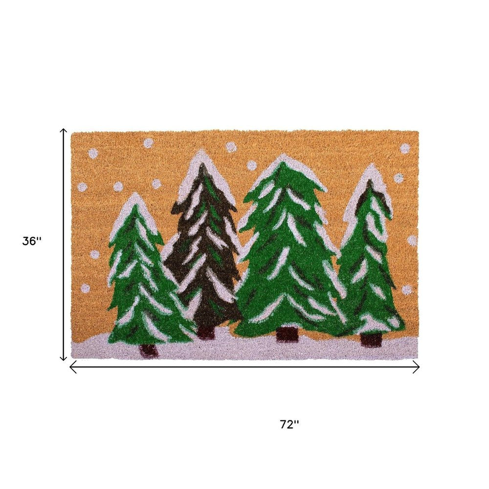 24" X 36" Brown Green And White Christmas Trees Outdoor Coir Door Mat