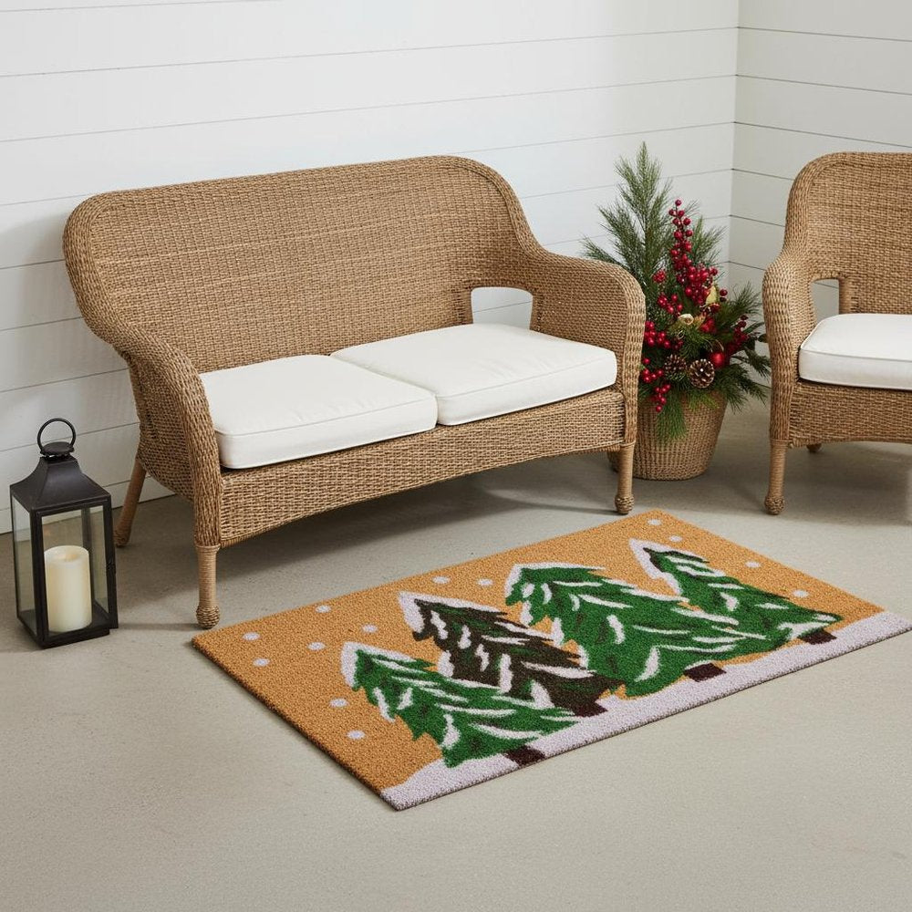 24" X 36" Brown Green And White Christmas Trees Outdoor Coir Door Mat