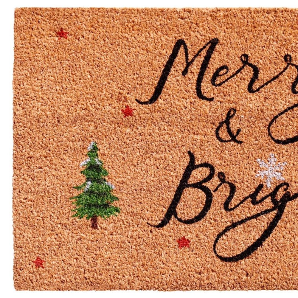 30" X 48" Brown Black And Green Christmas Merry and Bright Outdoor Coir Door Mat