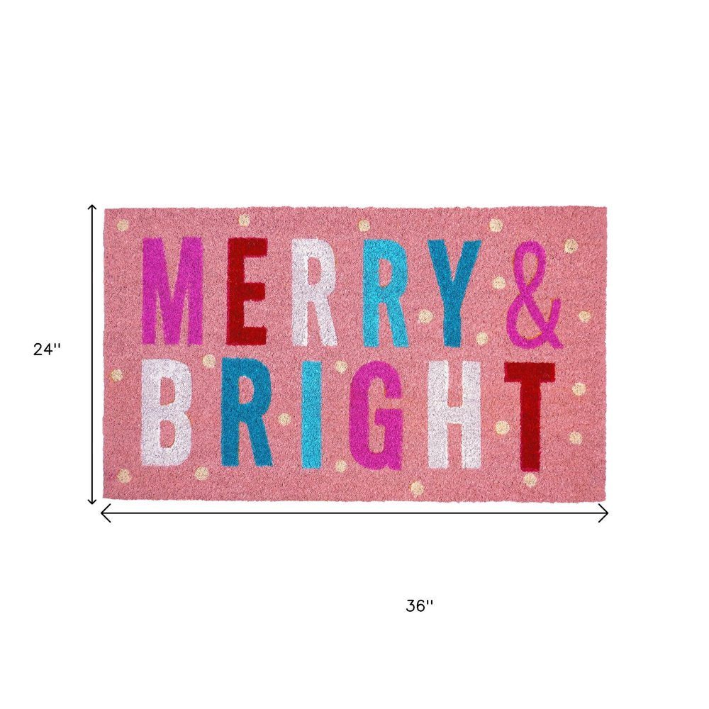 24" X 36" Pink Blue And White Christmas Merry and Bright Outdoor Coir Door Mat