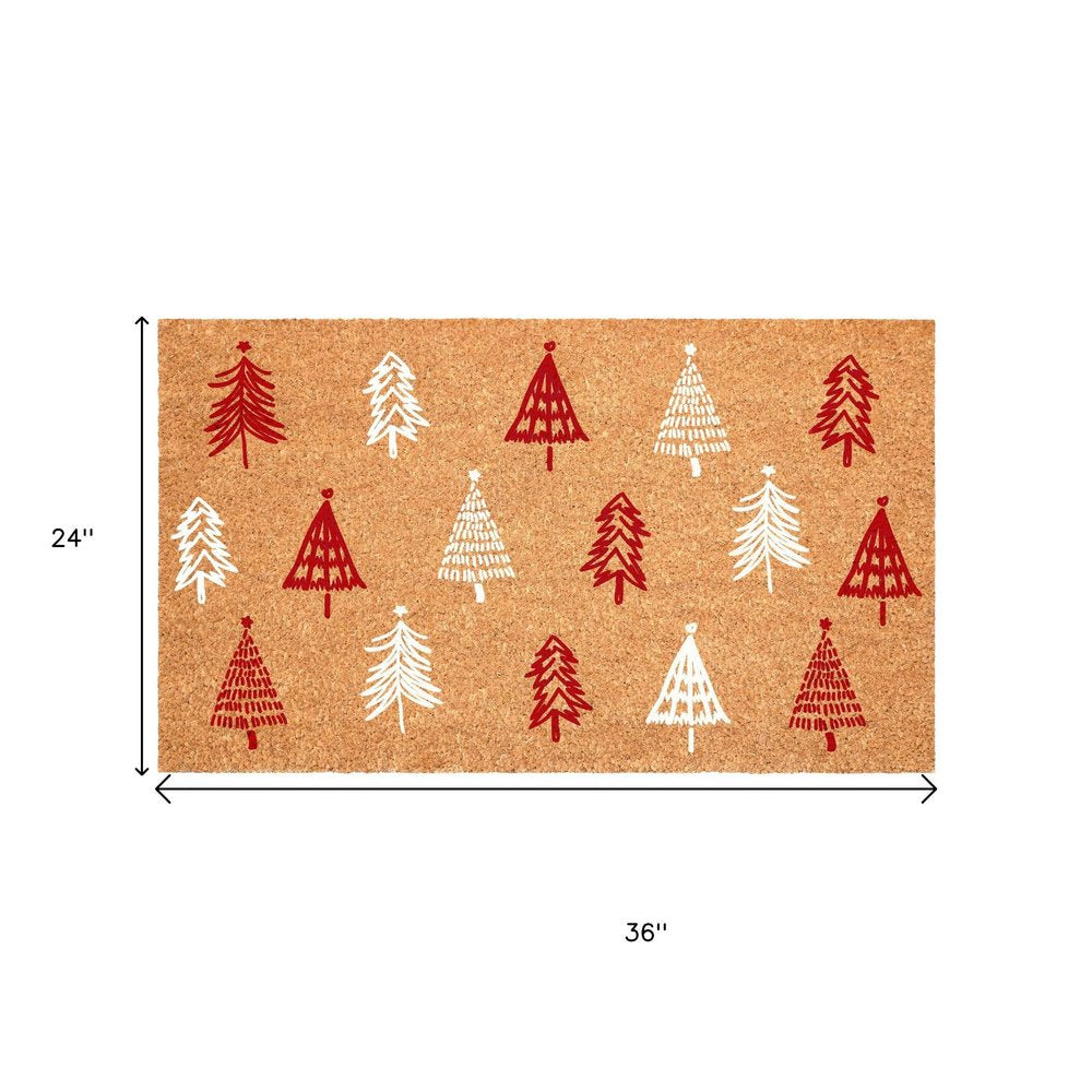 24" X 36" Brown Red And White Christmas Trees Outdoor Coir Door Mat