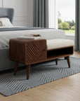 35" Cream and Chestnut Boucle and Solid Wood Upholstered Bench With Cabinet And Shelf