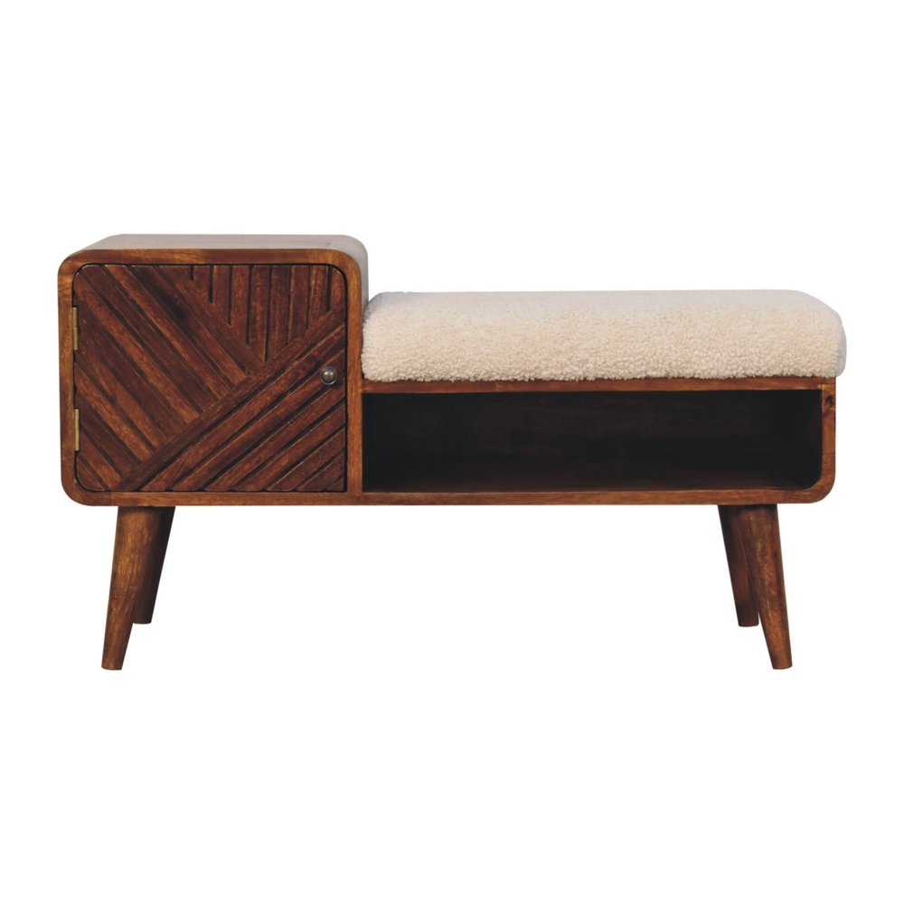 35" Cream and Chestnut Boucle and Solid Wood Upholstered Bench With Cabinet And Shelf