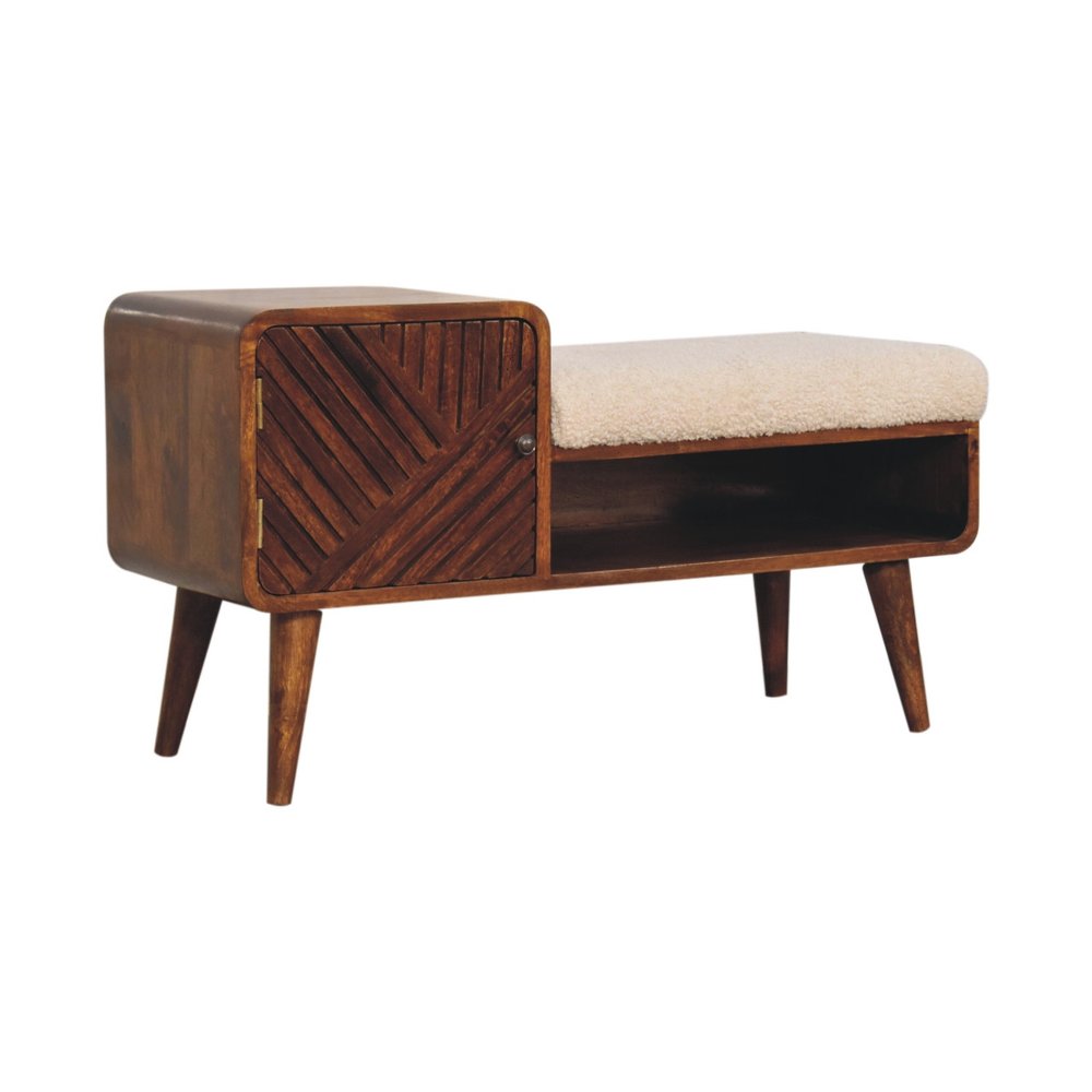 35" Cream and Chestnut Boucle and Solid Wood Upholstered Bench With Cabinet And Shelf