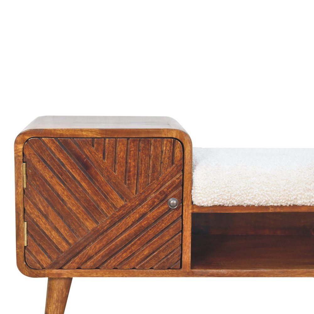 35" Cream and Chestnut Boucle and Solid Wood Upholstered Bench With Cabinet And Shelf