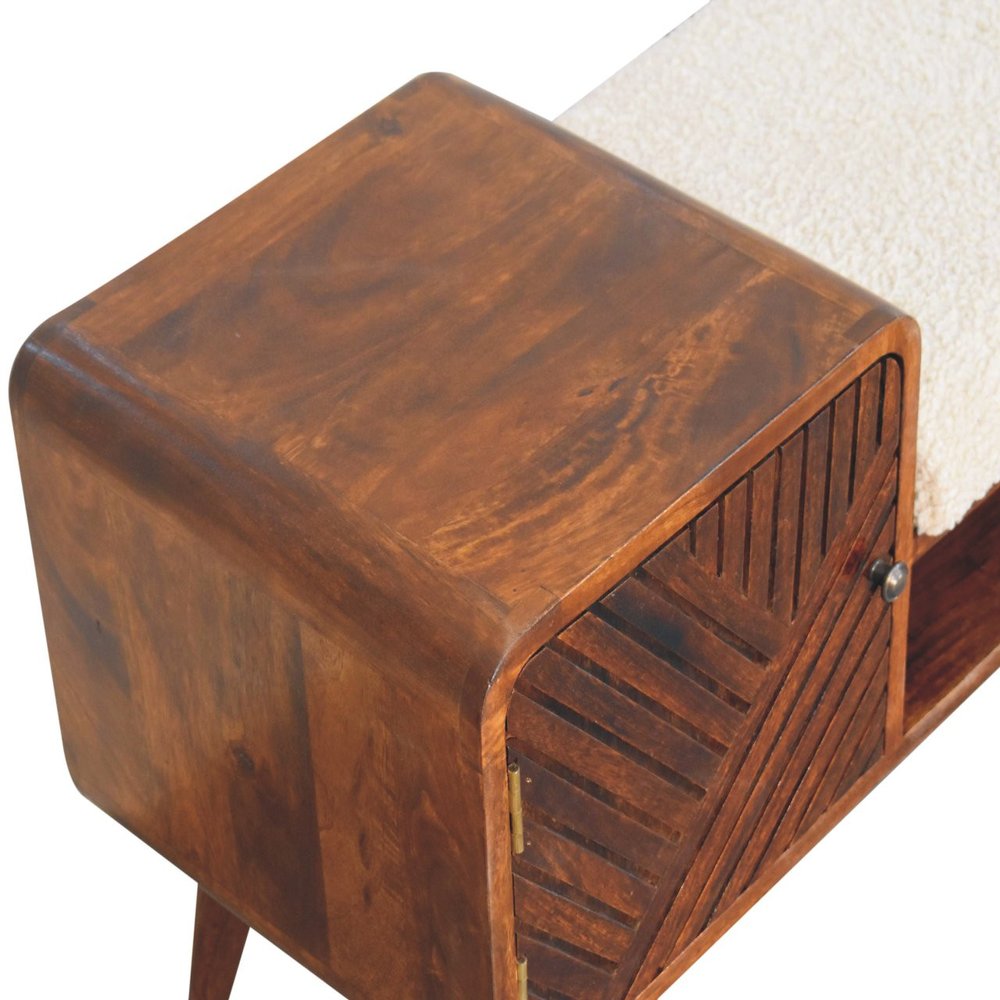 35" Cream and Chestnut Boucle and Solid Wood Upholstered Bench With Cabinet And Shelf