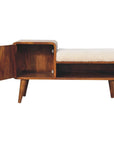 35" Cream and Chestnut Boucle and Solid Wood Upholstered Bench With Cabinet And Shelf
