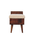 35" Cream and Chestnut Boucle and Solid Wood Upholstered Bench With Cabinet And Shelf