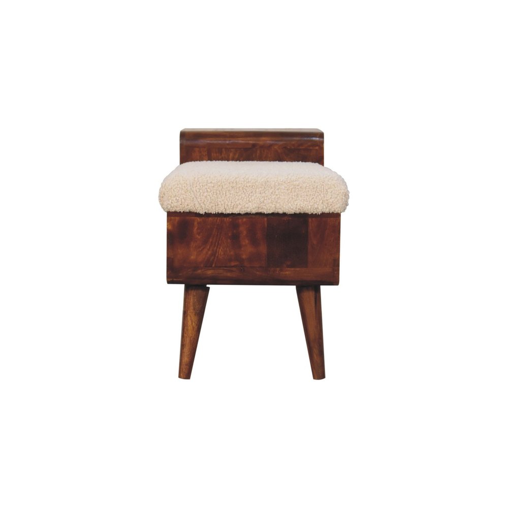 35" Cream and Chestnut Boucle and Solid Wood Upholstered Bench With Cabinet And Shelf