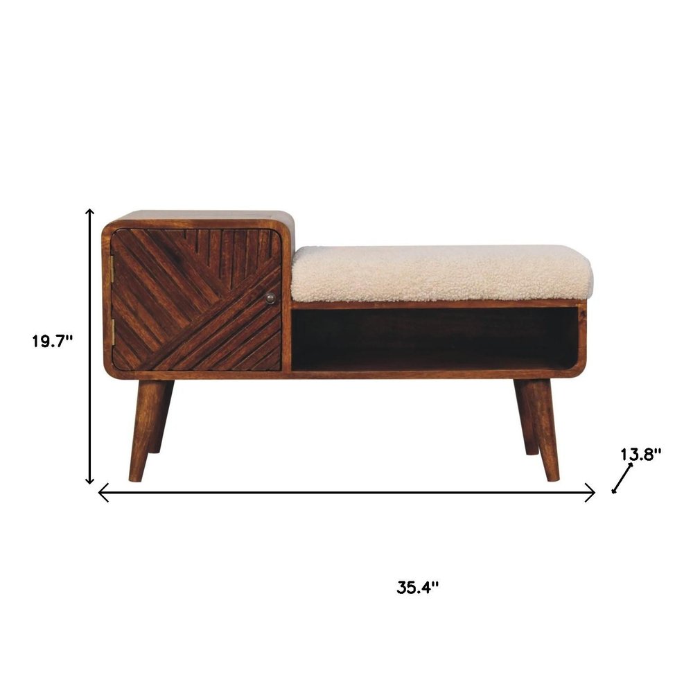 35" Cream and Chestnut Boucle and Solid Wood Upholstered Bench With Cabinet And Shelf