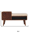 35" Cream and Chestnut Boucle and Solid Wood Upholstered Bench With Cabinet And Shelf