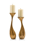 Set of Two Antiqued Gold Aluminum Wavy Faceted Tabletop Pillar Candle Holders