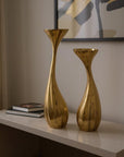 Set of Two Antiqued Gold Aluminum Wavy Faceted Tabletop Pillar Candle Holders