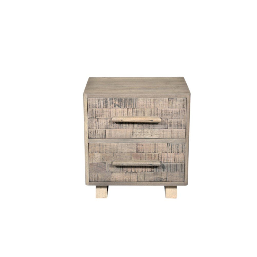 26" Gray Solid Wood Carved Geometric Two Drawer Nightstand