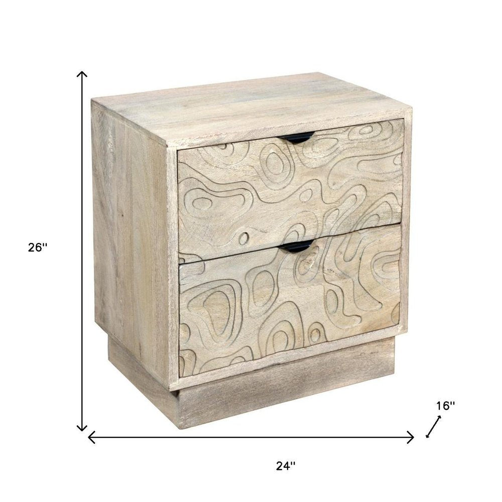 26" Gray Solid Wood Carved Abstract Two Drawer Nightstand