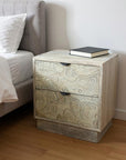 26" Gray Solid Wood Carved Abstract Two Drawer Nightstand