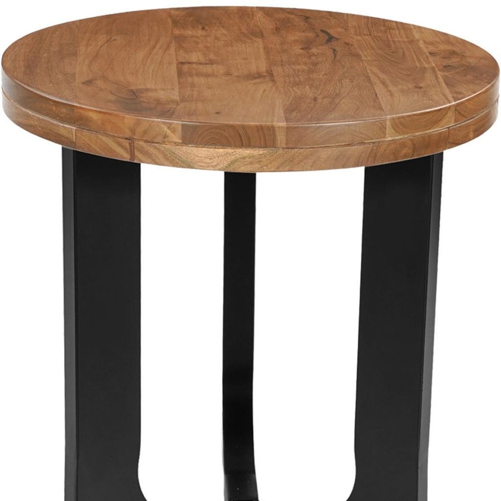 Set Of Two Natural and Black Solid Wood and Iron Round Cross Legs Coffee Table