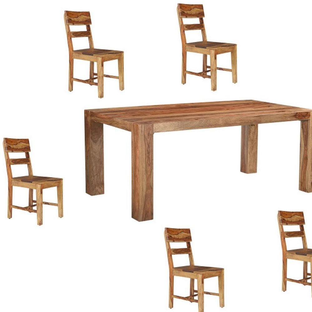 Seven Piece Brown Solid Wood Dining Set with Six Chairs and One Bench