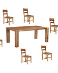 Seven Piece Brown Solid Wood Dining Set with Six Chairs and One Bench