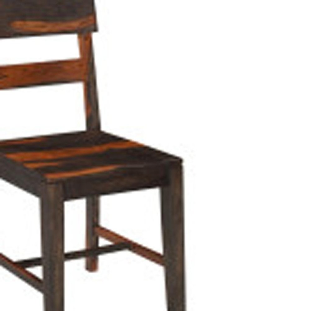 Seven Piece Brown and Black Solid Wood Dining Set with Six Chairs and One Bench