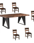 Seven Piece Brown and Black Solid Wood Dining Set with Six Chairs and One Bench