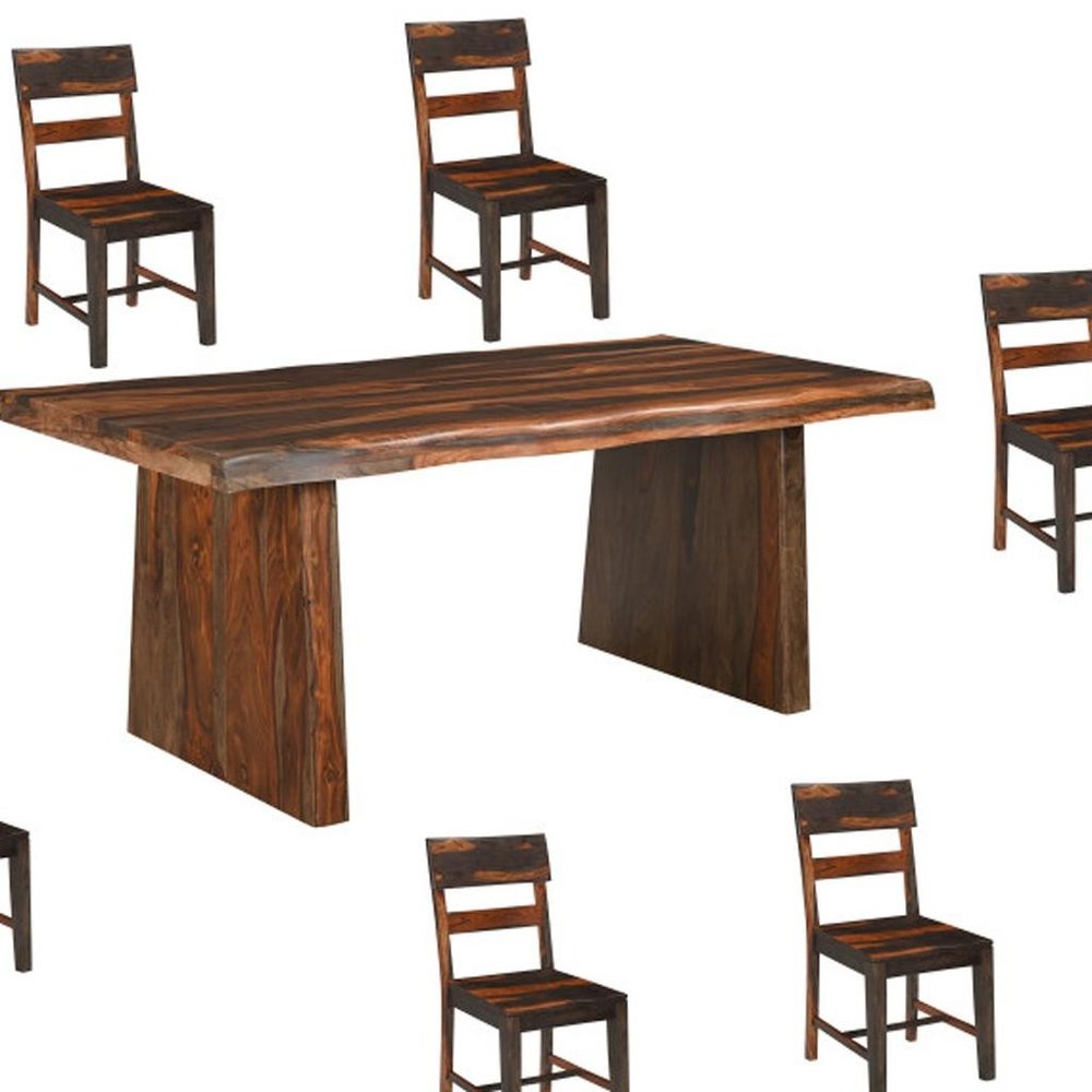 Seven Piece Brown Solid Wood Dining Set with Six Chairs and One Bench