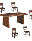 Seven Piece Brown Solid Wood Dining Set with Six Chairs and One Bench