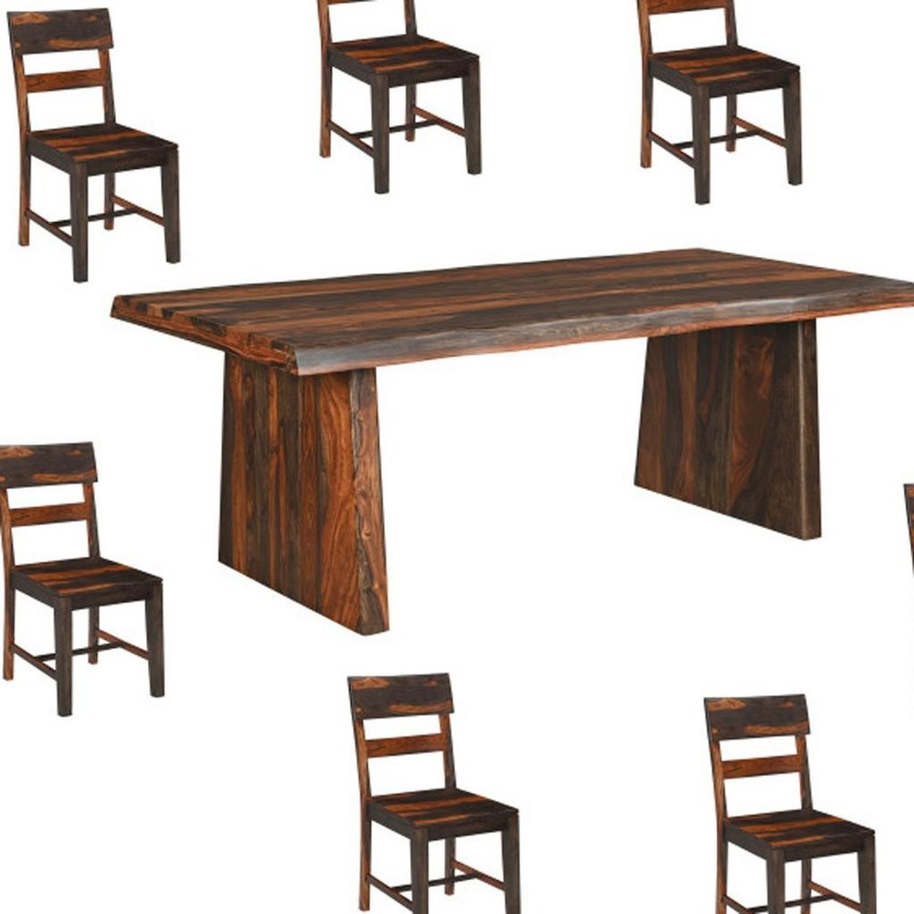 Nine Piece Brown Solid Wood Dining Set with Eight Chairs and One Bench