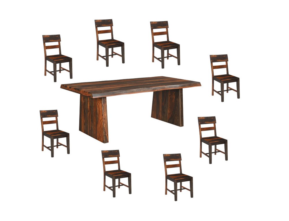 Nine Piece Brown Solid Wood Dining Set with Eight Chairs and One Bench