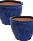 Set of Two Dark Blue Ceramic Round Pot Planter