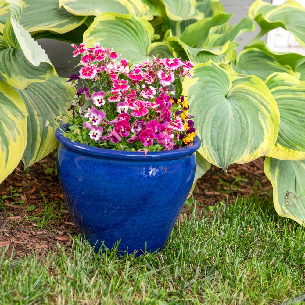 Set of Two Dark Blue Ceramic Round Pot Planter