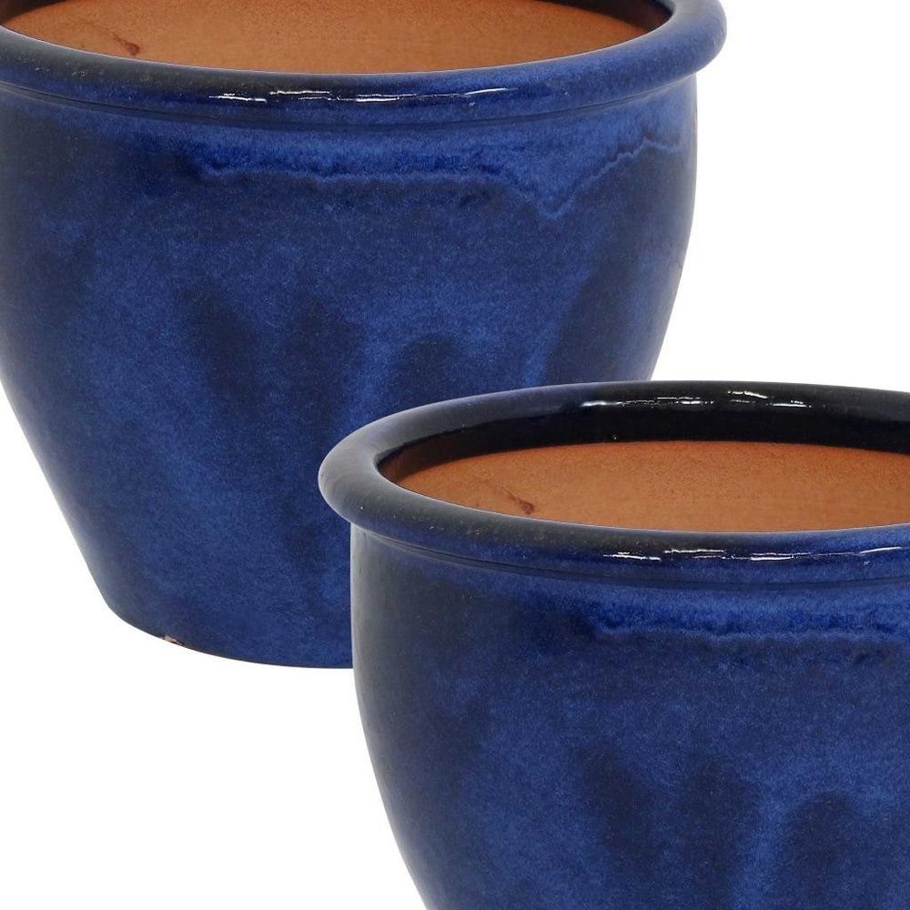 Set of Two Dark Blue Ceramic Round Pot Planter