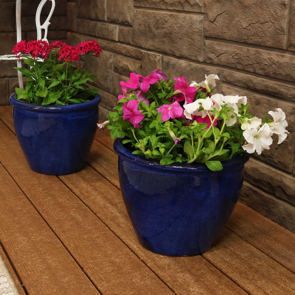 Set of Two Dark Blue Ceramic Round Pot Planter