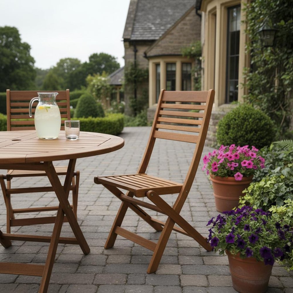 Set of Two Brown Solid Wood Outdoor Folding Dining Chairs