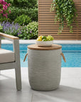 14" Natural and Gray Solid Wood and Faux Concrete Round Outdoor Side Table