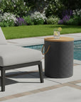 14" Natural and Black Solid Wood and Faux Concrete Round Outdoor Side Table