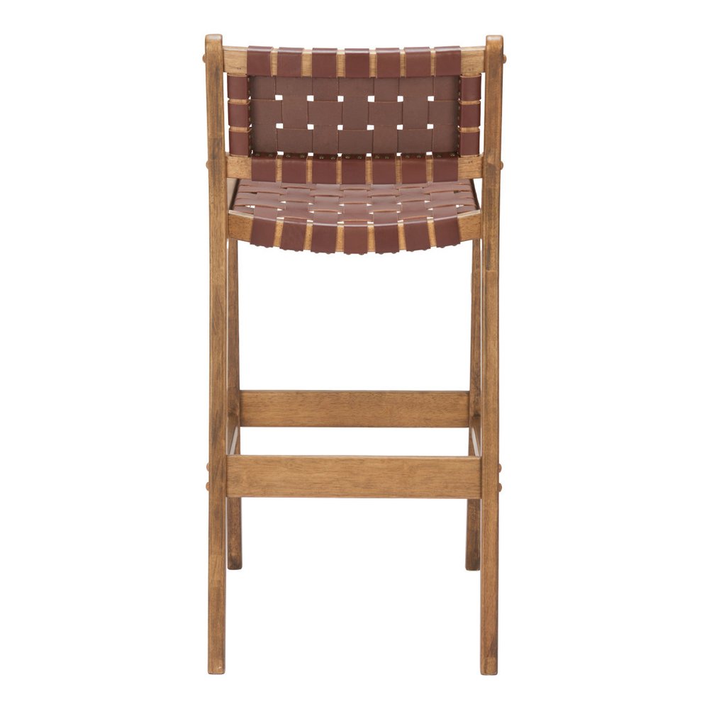 Set of Two 29" Brown Leather And Solid Wood Low Back Bar Height Bar Chairs