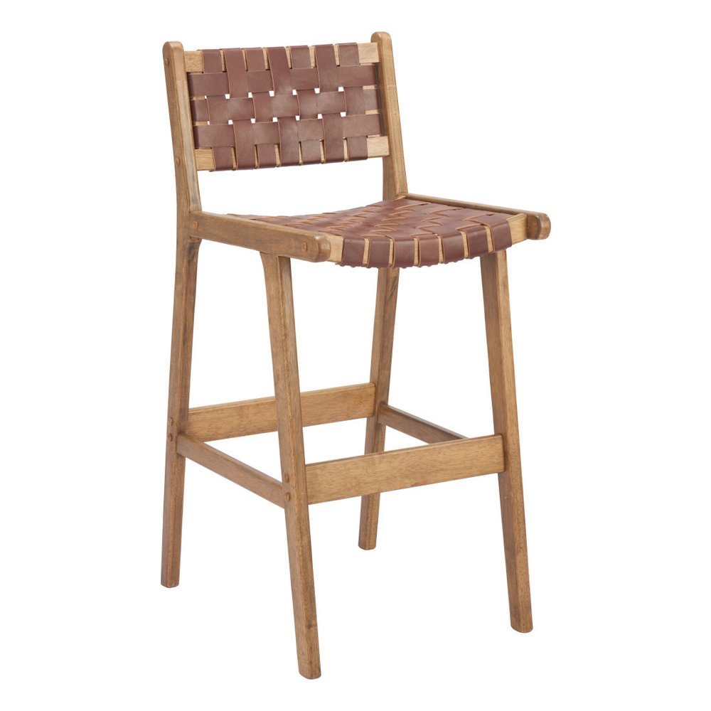 Set of Two 29" Brown Leather And Solid Wood Low Back Bar Height Bar Chairs