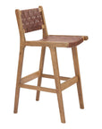 Set of Two 29" Brown Leather And Solid Wood Low Back Bar Height Bar Chairs