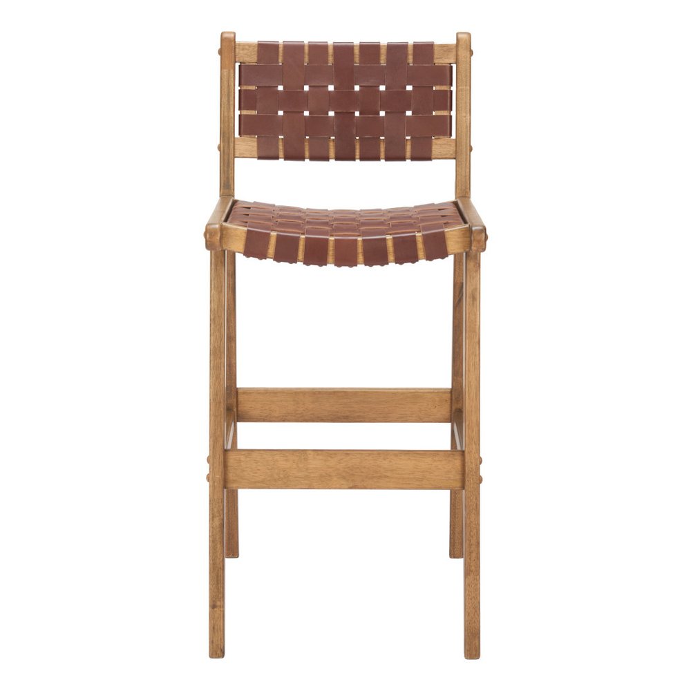Set of Two 29" Brown Leather And Solid Wood Low Back Bar Height Bar Chairs
