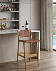 Set of Two 29" Brown Leather And Solid Wood Low Back Bar Height Bar Chairs