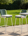 Set of Two White and Green Woven Back And Aluminum Counter Height Bar Chairs