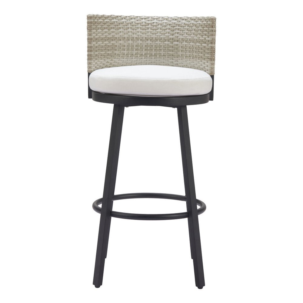 31" Black Natural And White Woven Aluminum And Rattan Low Back Outdoor Bar Height Chair