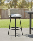 31" Black Natural And White Woven Aluminum And Rattan Low Back Outdoor Bar Height Chair